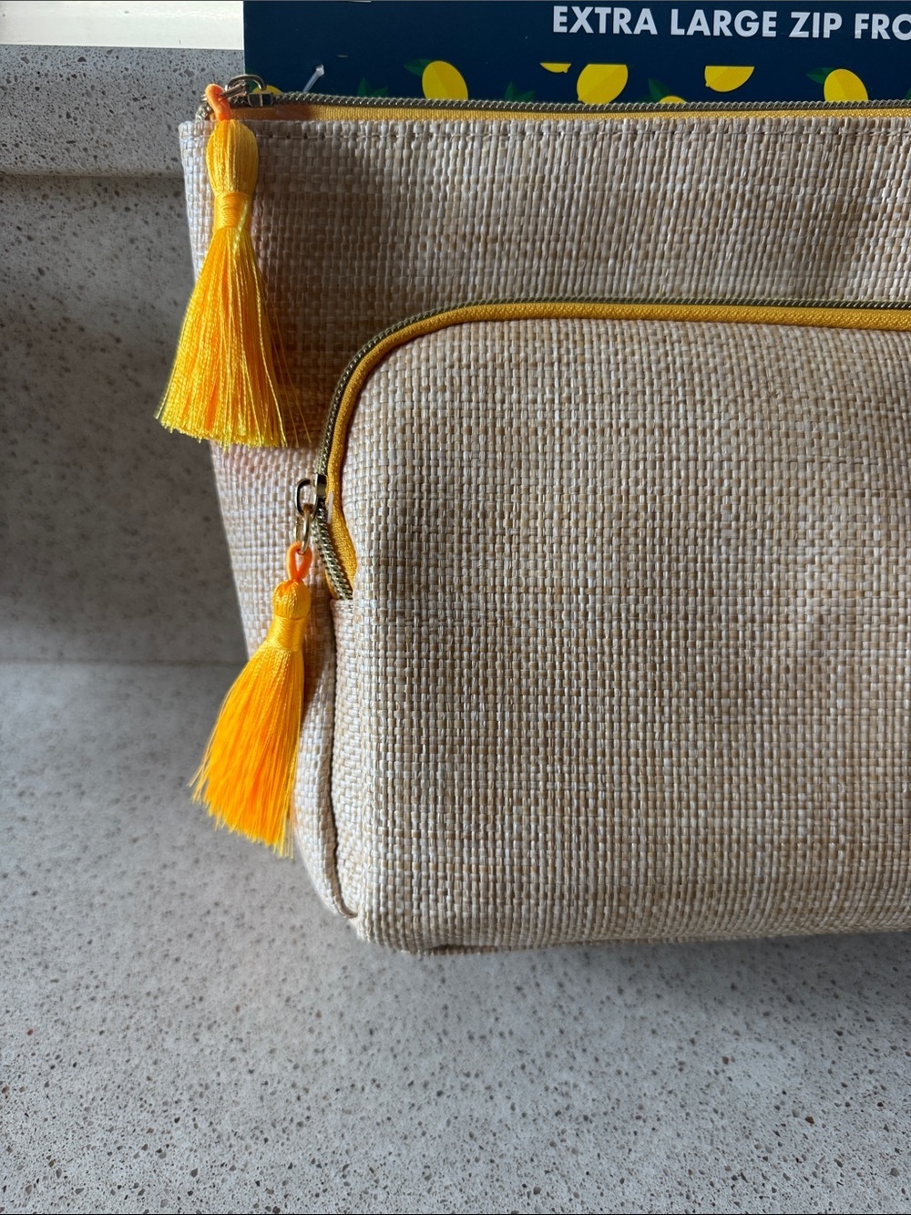 Dabney Lee Natural Looking Straw Pouch with Yellow Accents and Embroidered Lemon - Picture 5 of 10
